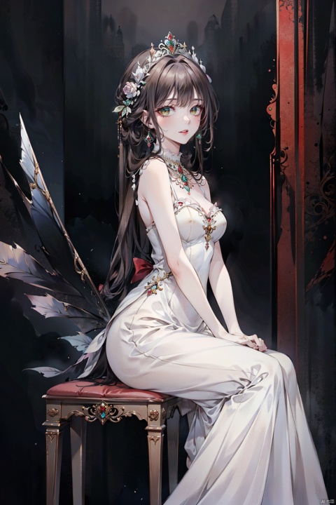 An image of a woman in a white dress, sitting elegantly, with her arms at her sides. She wears jewelry and earrings that complement her outfit, and her long hair is styled beautifully. Her brown eyes look directly at the viewer, and her red lips add a touch of glamour. The background is blurry, adding to the sophistication of the scene.