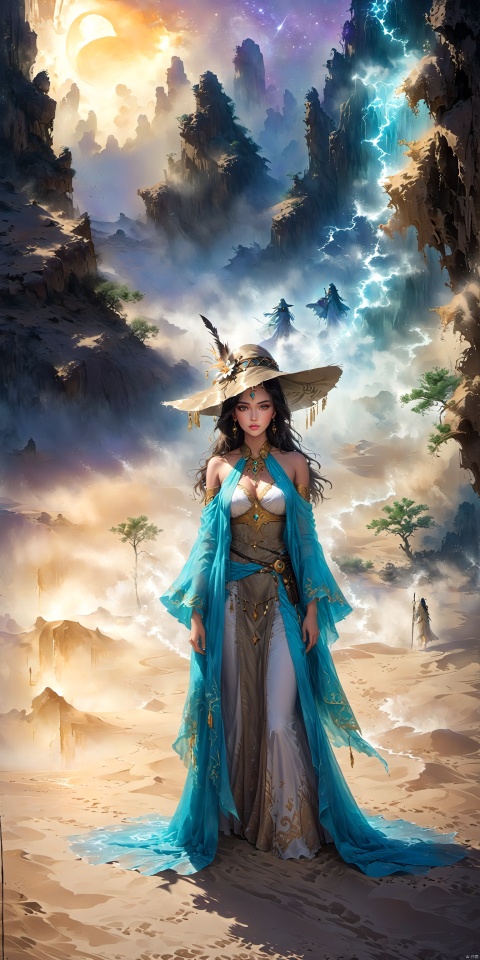 A mystical sand sorceress, with flowing waves of golden sand for hair that ripple and shimmer in the desert winds, and eyes as deep and mysterious as the endless sands of time, casting a gaze of ancient wisdom and desert magic at the viewer. Cloaked in robes of flowing sand and desert winds that seem to shift and change with the ebb and flow of the dunes, she stands amidst a backdrop of swirling sandstorms and towering dunes, exuding an aura of mystical beauty and desert enchantment. Her lips are painted in a soft golden hue, mirroring the hues of the desert sands and adding to her mystical presence as a sorceress of the sands.