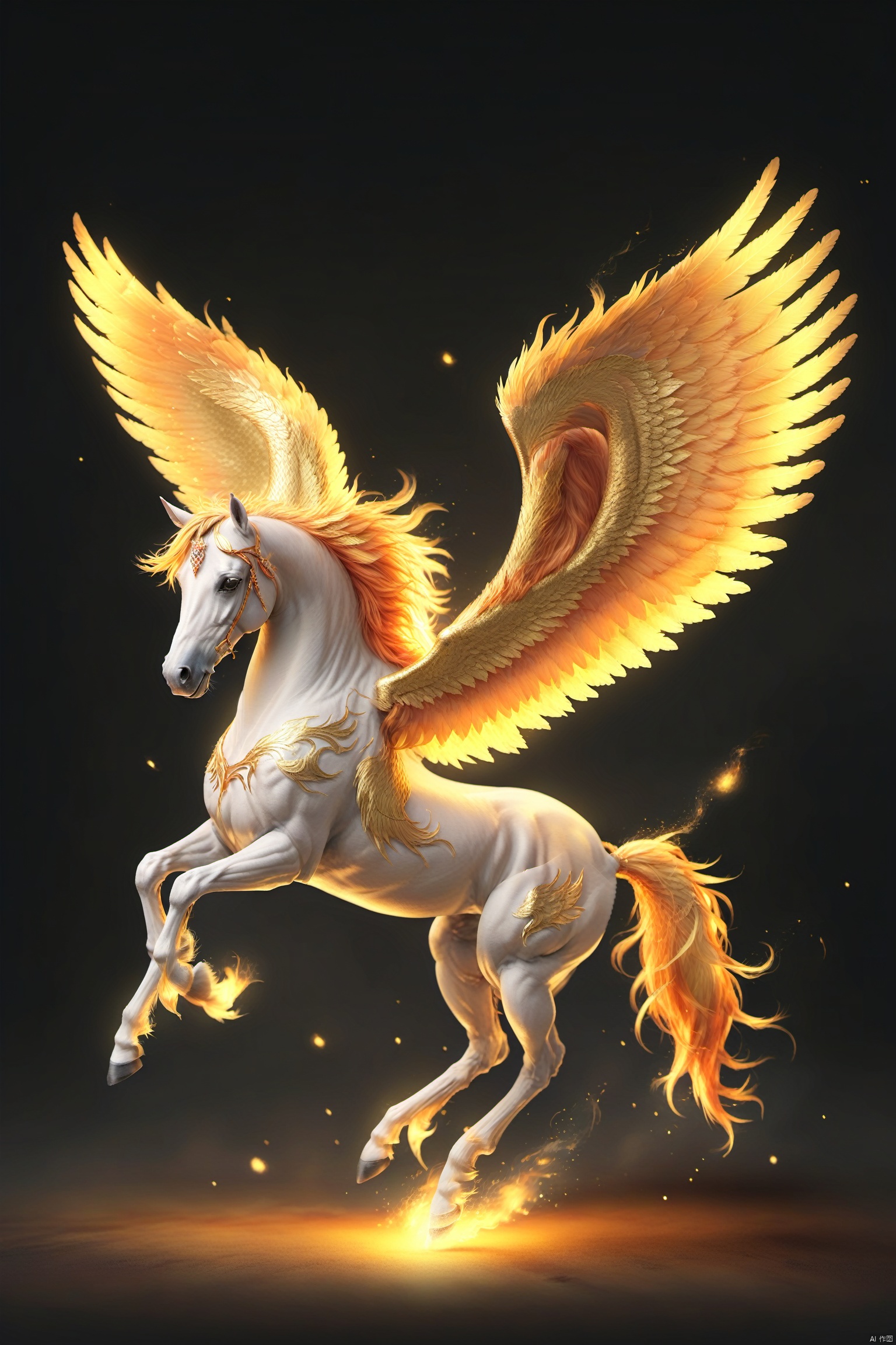 Flame-Winged Pegasus, A majestic steed with the body of a horse and the wings of a bird. Its wings are adorned with feathers that shimmer like flames, casting a warm, golden glow wherever it flies. Its neigh is like the crackling of a wildfire, a symbol of its fiery spirit.