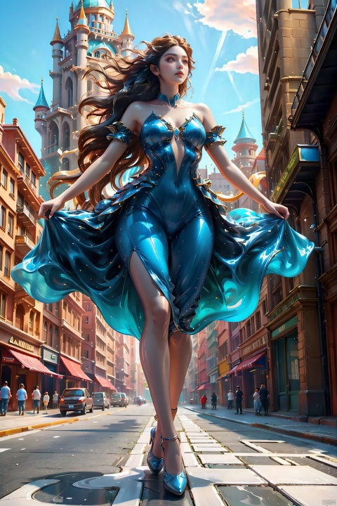  A breathtaking giantess, walking through a city street with confident strides, her towering form surpassing the tallest buildings around her. Her beauty and grace are unmatched, and people stop in their tracks to marvel at her stunning presence, their awe palpable in her wake.
