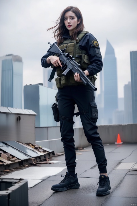 HDR,UHD,8K,Highly detailed,best quality,masterpiece,1girl,full body,, Cinematic film still, full body, of (Norse female goddess, Rn), Urban warfare, tactical movement, female SWAT team leader, tactical gear, tactical prowess, navigating a rooftop amidst the city's chaos, her team following her every command, a symbol of law and order.(RAW)