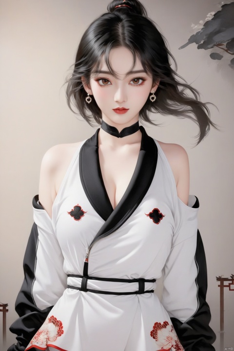  (\ji jian\), ((poakl)),1girl, solo, long hair, breasts, looking at viewer, large breasts, red eyes, thighhighs, long sleeves, cleavage, standing, jacket, full body, white hair, thighs, earrings, boots, open clothes, belt, black thighhighs, black footwear, hair over one eye, leotard, open jacket, black jacket, gradient, hand on hip, strapless, covered navel, skindentation, leather, leather jacket