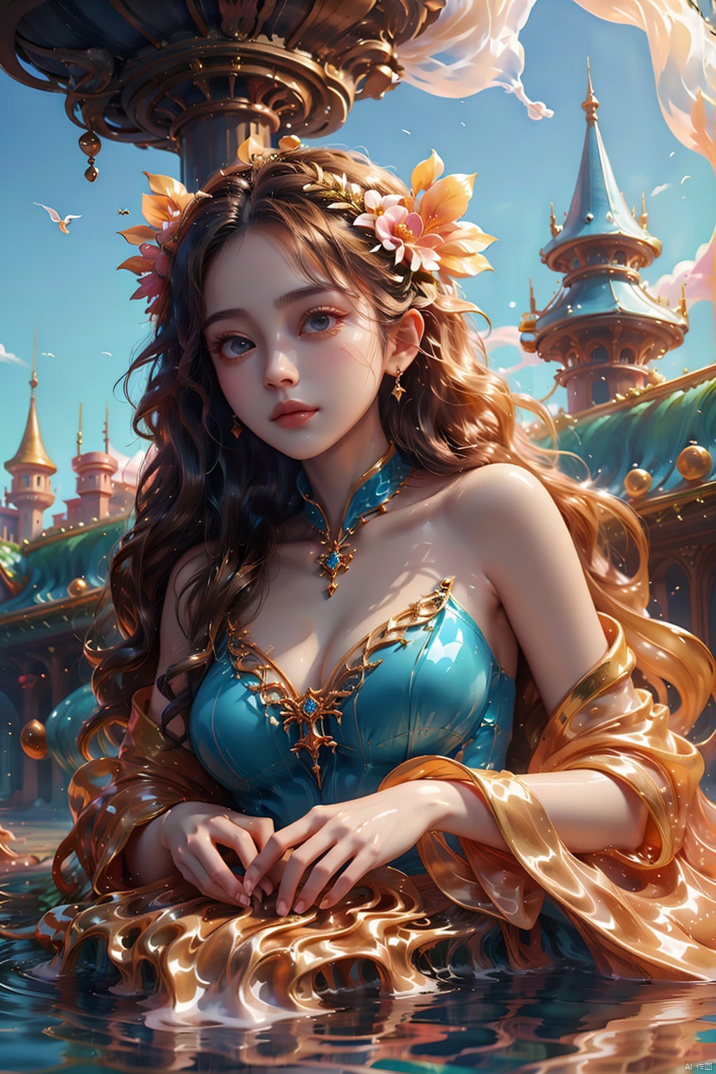  An enchanting giantess, lying on her side in a city park, her head propped up on one hand as she gazes down at the tiny people below. Her peaceful expression and gentle demeanor make her seem like a benevolent giant, watching over the city with a sense of calm.