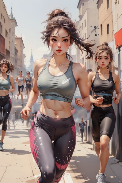 Full-body, (1 female athlete: 20s), fit physique, sports bra and leggings, sneakers, holding a stopwatch, running track in the background, determined expression, sweat glistening, pushing through physical limits, endurance, dedication, goal-oriented training.
