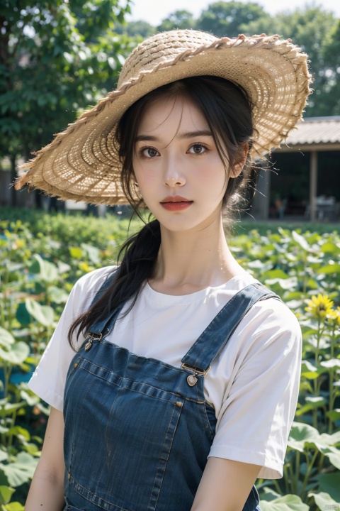 Woman, in farmer's overalls, Summer, abundant fields, earthy colors, Sunflowers, agricultural land, harvest season, nurturing the land, wholesome face, (photo realistic: 1.3), Natural lighting, (healthy and sun-kissed skin: 1.2), 8K ultra-hd, DSLR, high quality, high resolution, 8K, diligent work, sustainable farming, FarmerWoman, Agrarian age, straw hat, gardening tools, barn, farm-to-table movement, connection to nature, EarthSteward.