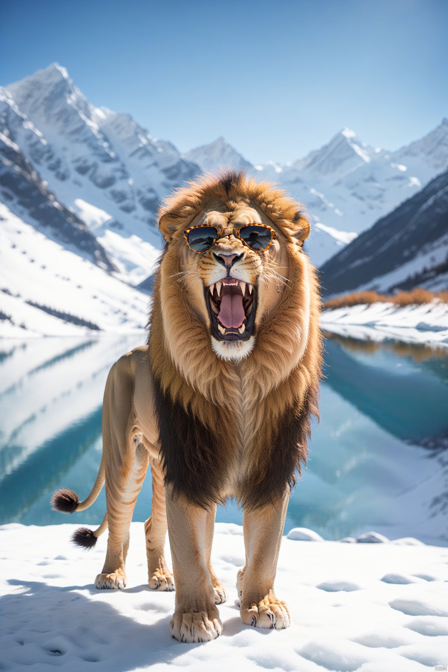  A lion with sunglasses, showing a hilarious expression of astonishment and laughter, standing in a snowy wilderness. The majestic creature is framed by snow-covered mountains and a pristine frozen lake reflecting the bright blue sky. With a slight motion blur, the lion's regal stance captivates the viewer, creating a humorous and enchanting scene.