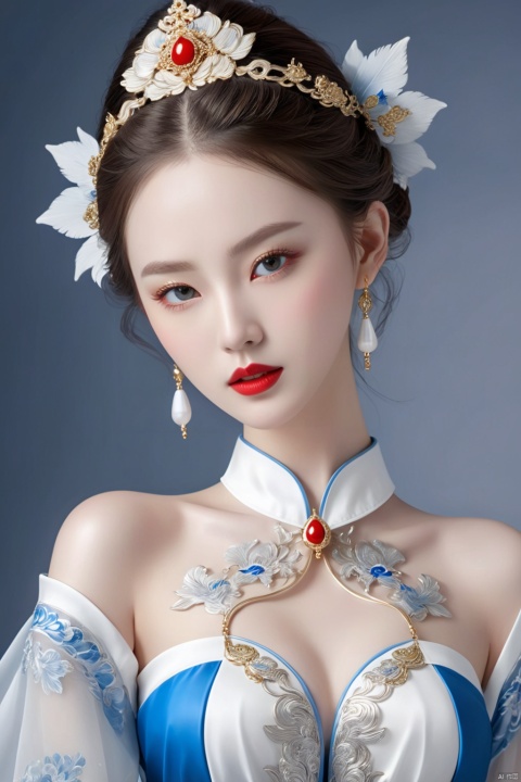  1girl,(best quality), Nine-headed body, full body,Flattering figure, Masterpiece, best quality, ultra detailed, fine details, ultra high resolution,real skin,white and blue,red lips,Gold and silver, 6-12yifu