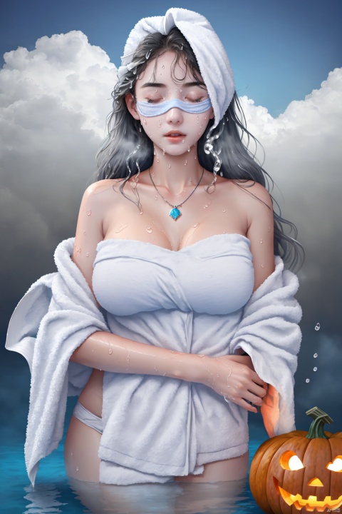  1girl bathing in the pool,blue-yellow smoke, shoulders exposed to the water surface (wrapped in a Pumpkin towel: 1.5),Forehead gemstone, (with a large amount of water vapor on the surface: 1.5), (hot spring), lantern, night,girl, bust, long white hair, flowing long hair,((blindfold, blindfold)),rosy lips, fair skin, off-the-shoulder, collarbone, necklace,silver jewelry, yunv