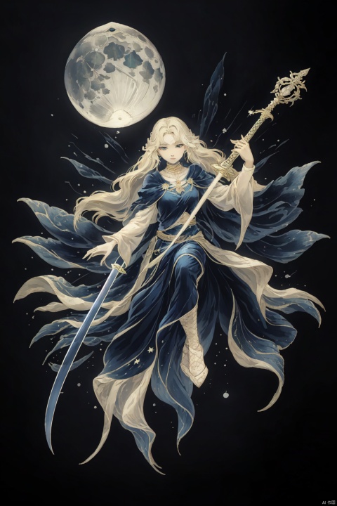  weapon, sky, sword, star \(symbol\), no humans, night, moon, star \(sky\), full moon, blue theme, shanhaijing