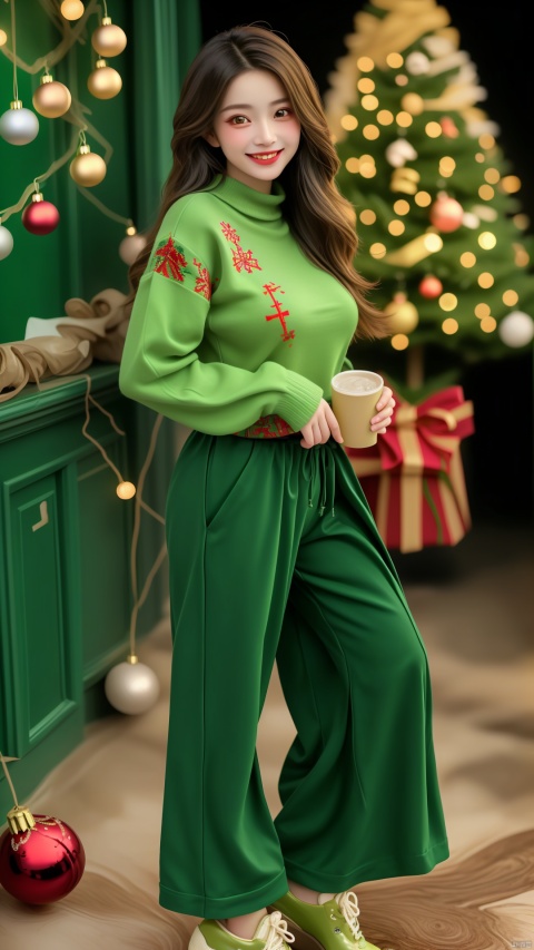 Girl with long, flowing hair, smiling gently, her eyes twinkling with mischief. She stands playfully, dressed in a cozy sweater and comfortable shoes, radiating warmth and charm. Her outfit includes long sleeves and pants, all in a vibrant shade of green. The background features a festive holiday scene, with a beautifully decorated Christmas tree and twinkling lights, adding a touch of cheer to the image.