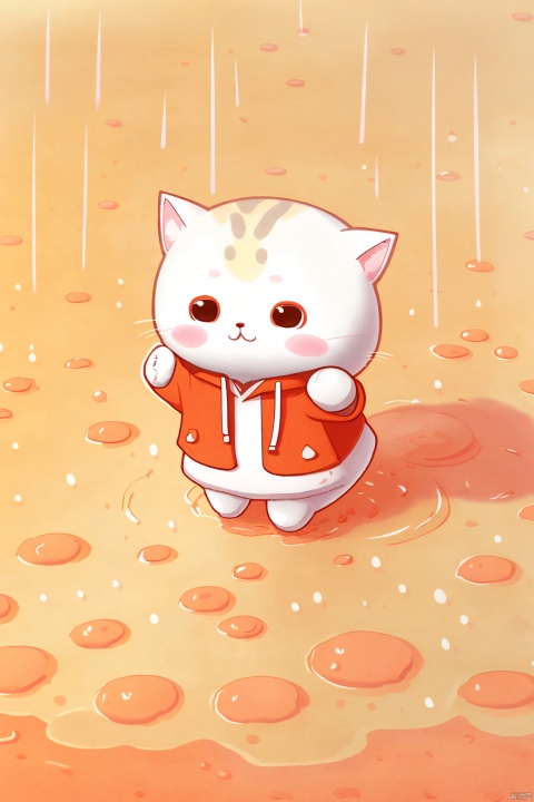  The cat model-xin xin wearing red raincoat and rain shoes beat into the puddle, from one puddle, jumped to another puddle, the mother stepped on the puddle followed up,Background:,street, --ar 3:4