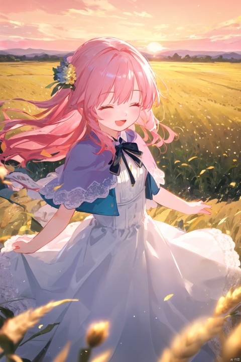  (drawn by Lynn Okamoto),center frame, sharp focus, (panorama, wide shot), best quality, masterpiece, extremely detailed, detailed background, (from above:1.2), 1girl, solo, pink hair, closed eyes, smile, open mouth, skirt, long hair, wavy hair, on side, fluffy hair, , french , blush, smile, capelet, lace trim, bodice, sunset, long dress, dusk, scenery, gold sky, high place, horizon, wheat field, wheat ears, wind, wind blow, looking at viewer, (depth of field), bokeh, (holding a flower:1.3), (holding:1.2),(medium):0.5,