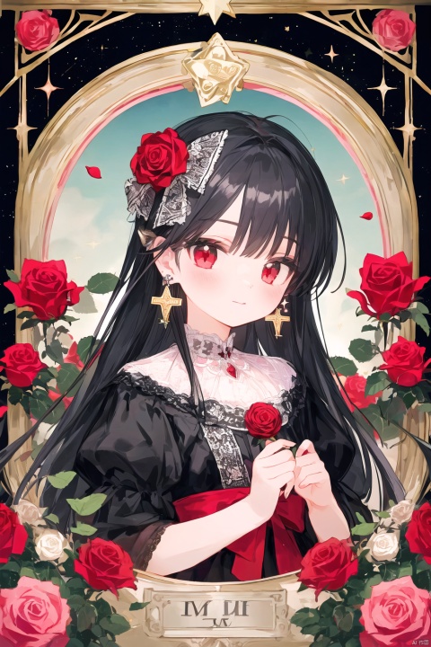  Long hair,red_flower,red_rose,rose,sparkle,star_\(symbol\),flower,pink_rose,earrings,white_rose,card_\(medium\),star_earrings,thorns,rose_petals,tarot,jewelry,solo,art_nouveau,black_hair,pink_flower,bow,roman_numeral,yellow_rose,framed,cross,red_bow,purple_rose,hair_bow,rose_print,red_eyes,1girl