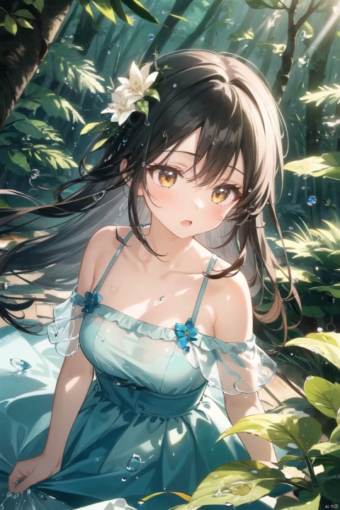  1girl,low angle,water spray,leaf,flowers,(forest:1.2),(droplets:1.33),sea,droplets,flower dress,best quality,masterpiece,illustration,an extremely delicate and beautiful,extremely detailed,CG,unity,8k wallpaper,GRASS,hair flower,cute,scene depth