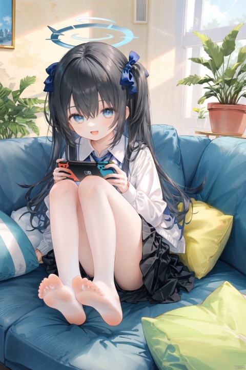  masterpiece, best quality,yellow_theme anime_girl_sitting_on_a_couch_with_her_legs_crossed_and_a_remote_in_her_hand game_top_down_view perspective wide_shot best_quality newest masterpiece aris_\(blue_archive\) 1girl feet barefoot blue_eyes toes solo soles long_hair black_hair foot_focus necktie bare_legs hair_between_eyes skirt nintendo_switch halo shirt v foreshortening indoors white_shirt blue_necktie open_mouth holding one_side_up couch smile hairband plant long_sleeves potted_plant handheld_game_console black_skirt looking_at_viewer upper_only school_uniform legs game_console full_body very_long_hair bangs sitting holding_handheld_game_console collared_shir, nai3