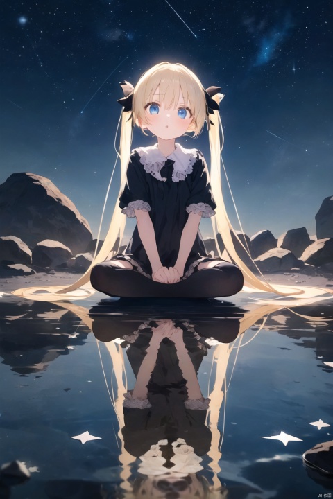  (masterpiece:1.2),best quality, 1girl,blonde hair,blue eyes,(very long twin tails,looking up),sharp hair,sitting,rocks,river,((reflection,night,star_(sky))),