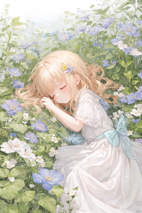  A little girl lying in a lot of flowers. She is sleeping on her side. (1 girl (5 years old)), blond hair, natural curly hair, side parting, flower hair ornament, lace white dress, closed eyes, have long eyelashes, profile), light blue butterfly (transparent, luminous), different world letters, pastel colors, fantasy world, Art Nouveau, Alphonse Mucha,flower
