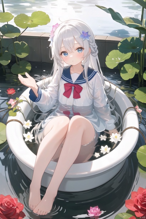  loli, petite, long hair, floating hair, messy hair, 1girl, white hair, white jacket, afloat, air bubble, bathtub, beach, berry, blue eyes, blue flower, bouquet, bow, braid, bubble, camellia, caustics, clover, coral, daisy, floral background, flower, food, fruit, hibiscus, horizon, hydrangea, in water, leaf, lily \(flower\), lily of the valley, lily pad, long sleeves, looking at viewer, lotus, ocean, partially submerged, petals on liquid, pink flower, purple flower, rain, red flower, ripples, rose, sailor collar, shallow water, snowflakes, soaking feet, solo, submerged, waves, white rose, yellow flower,,,,,, mz-hd, backlight