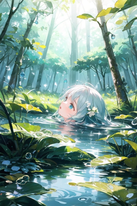  1girl,low angle,water spray,leaf,flowers,(forest:1.2),(droplets:1.33),sea,droplets,flower dress,best quality,masterpiece,illustration,an extremely delicate and beautiful,extremely detailed,CG,unity,8k wallpaper,GRASS,hair flower,cute,scene depth