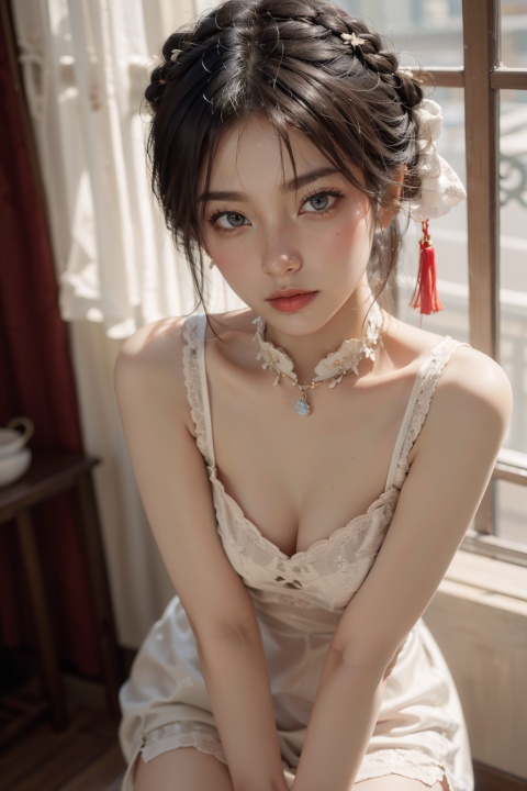 (Masterpiece, Best Quality, Beautiful Beauty: 1.2), (High Detail Skin: 1.2), High Resolution, Extreme Detail, 1 Girl, Bun, Hairpin, Beautiful Face, Delicate Eyes, Light Makeup, Eardrops, Necklace, Bracelet, Delicate Cheongsam, white_cheongsam, Slim Figure, Elegant Stance, 40d Gray Pantyhose, Gray Pantyhose, Anklet, High Heels, Black High Heels, Lazy, Laid Back, Movie Lights, Warm Light, Light Tracking, Depth of Field, Film grain,qipao01,qipao,qingsha,Chinese cheongsam,xifu