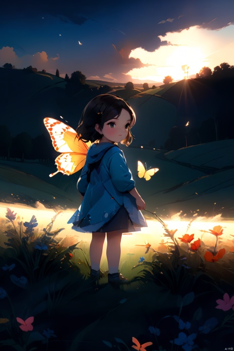  1girl, 6 year old, playing, butterfly, fields, Sunset, (masterpiece, best quality, official art, Professional, unity 8k wallpaper:1.3), (beautiful and aestheic, highly detailed, HDR, UHD), hard shadows, soft light, rim light, cinematic shot, dramatic lighting, Vivid Colors, arien_wolf