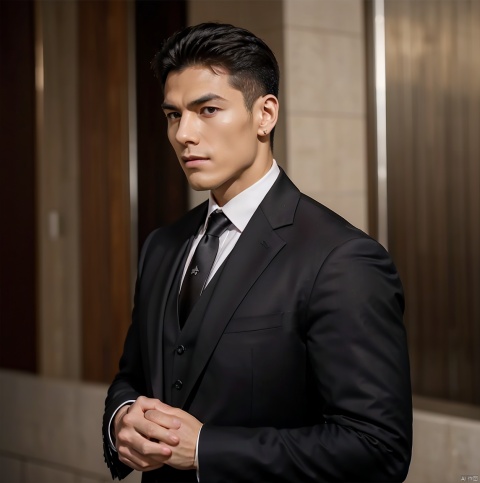 A dignified gentleman stands tall, dressed in a sleek suit and tie, his confident posture accentuating his chiseled physique. He's set against a minimalist background, allowing his refined features to take center stage. A subtle ear cuff adds a touch of sophistication, while the overall composition exudes elegance and refinement.