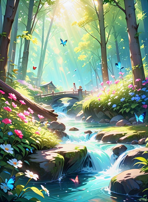 Woods, birds, flowing water, flowers, butterflies, sunshine, masterpiece