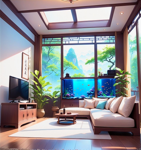  1 room, sofa, TV, plants, fish tank, quiet environment, Chinese style, windows, trees, high quality