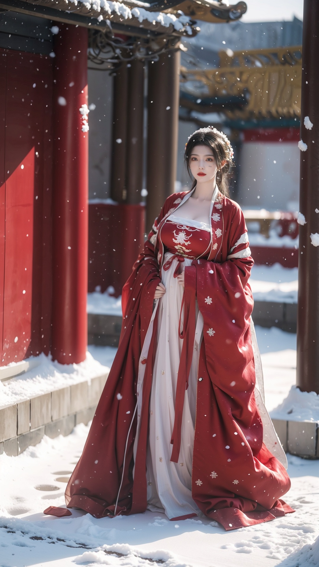  (Masterpiece:1.2), best quality, arien_hanfu,1girl,(falling_snow:1.3),looking_at_viewer,,(big breasts:1.5), chang
