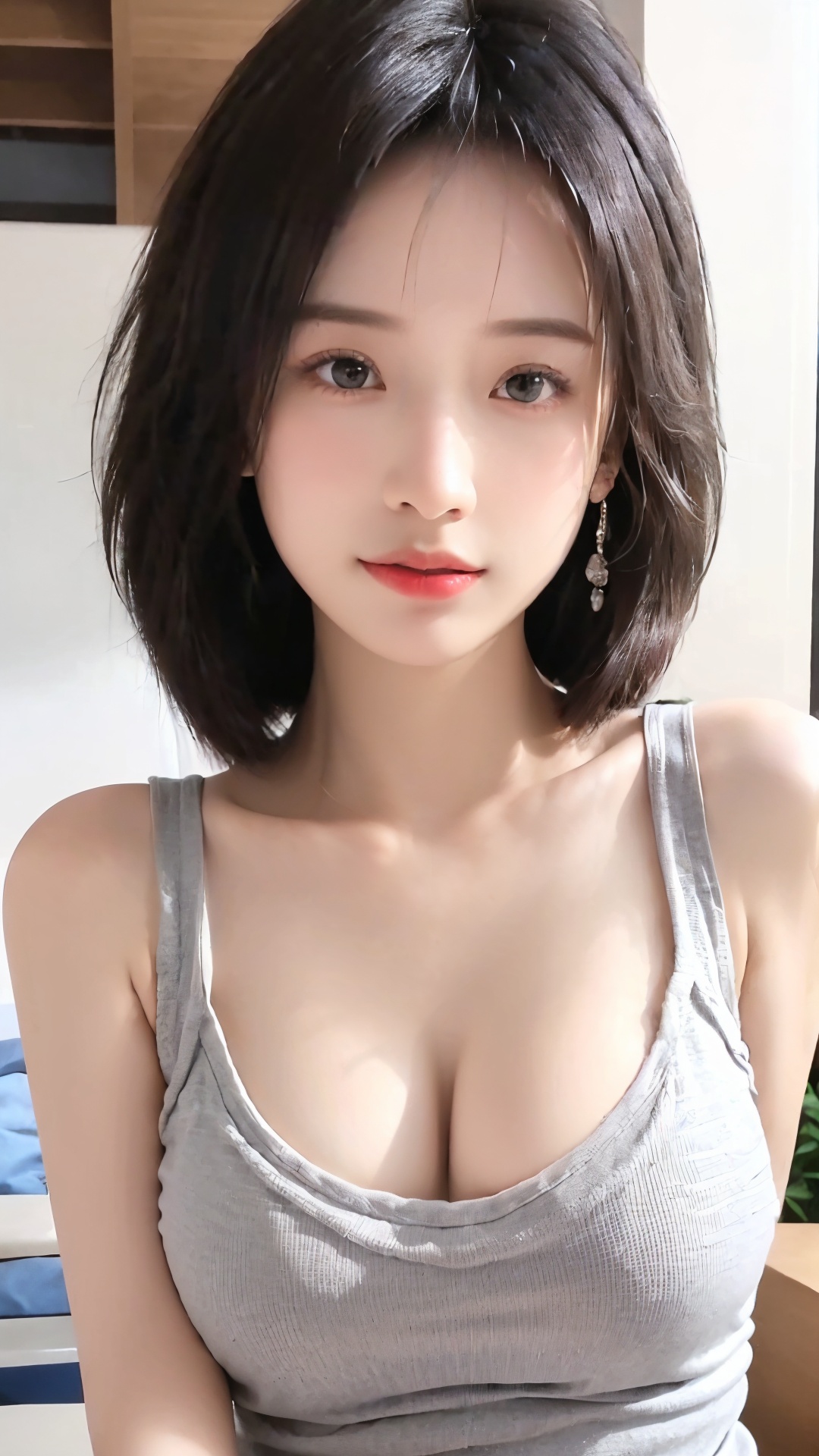  ((((masterpiece, best quality, high resolution)))), Extremely detailed 8K, Beautiful girl with slender body, (Ultra HD, Ultra-detailed, Highly detailed, Highly realistic, Ultra-realistic, photograph realistic), (1girl:1.5), (Realistic dark hair), short wavy hair, bob cut, (dynamic poses), facing at camera, light smile, (beautiful detailed face, beautiful detailed eyes), wide hips, (large breasts: 1.2), (huge breasts: 1.2), earrings, (white **** top, thin material), cleavage, dark jean shorts, glow, sweat, (sunbeam, sunlight)
, tifa