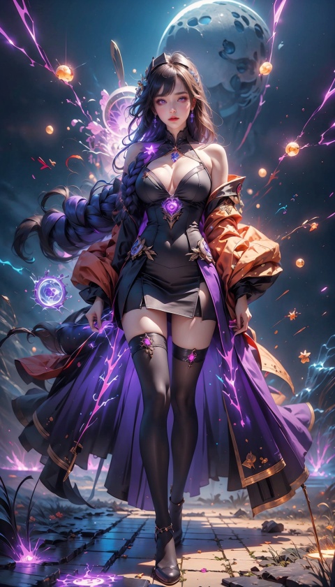  1 Girl, Purple Eyes, Glowing Eyes, Electricity, Stockings, Random Color Jacket, Lightning, Short Skirt, Artifact, Purple Magic, Aura, Full Body, Magic Circle, Braids, Very Long Hair, Flowing Hair, Dropped Shoulders, Cyber P Tari Sky,