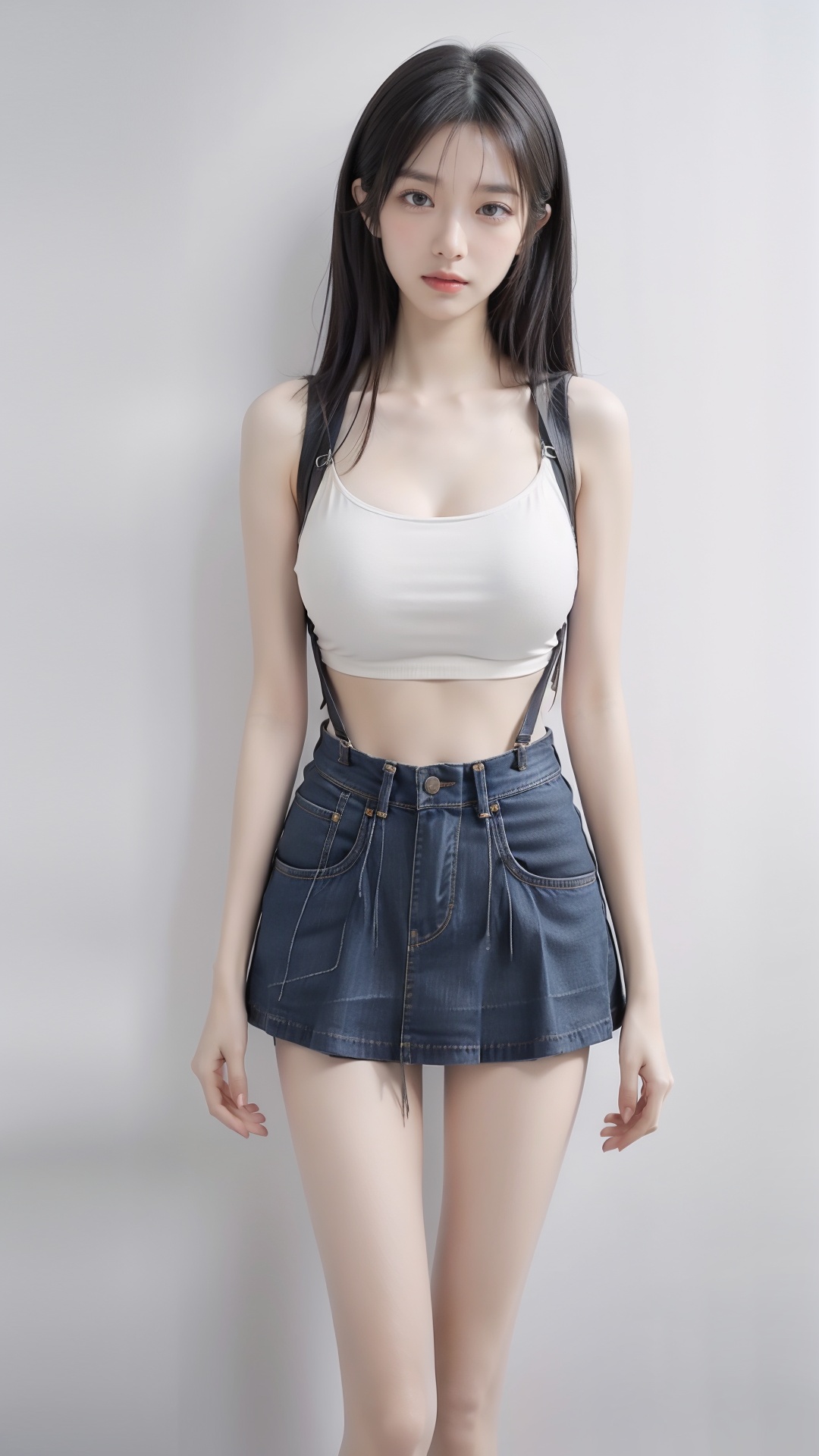  a girl,naked,long leg,Denim super short skirt,The thin gauze material suspender makes the breasts appear faintly,huge breast,without tops
