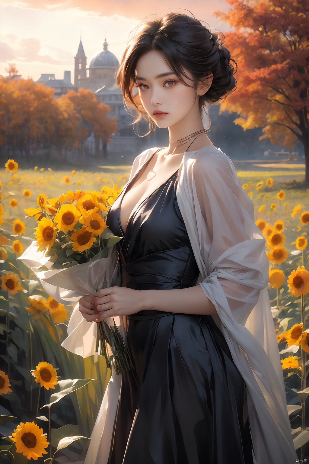  mugglelight,in autumn,dusk,Autumn dusk,a girl stands in the grass,holding a small bouquet of wilted sunflowers in her hand,solo,slender,cleavage,1girl,solo,,background light,moody lighting,looking_at_viewer,portrait,huge filesize,realistic,standing,front view,[gloom],