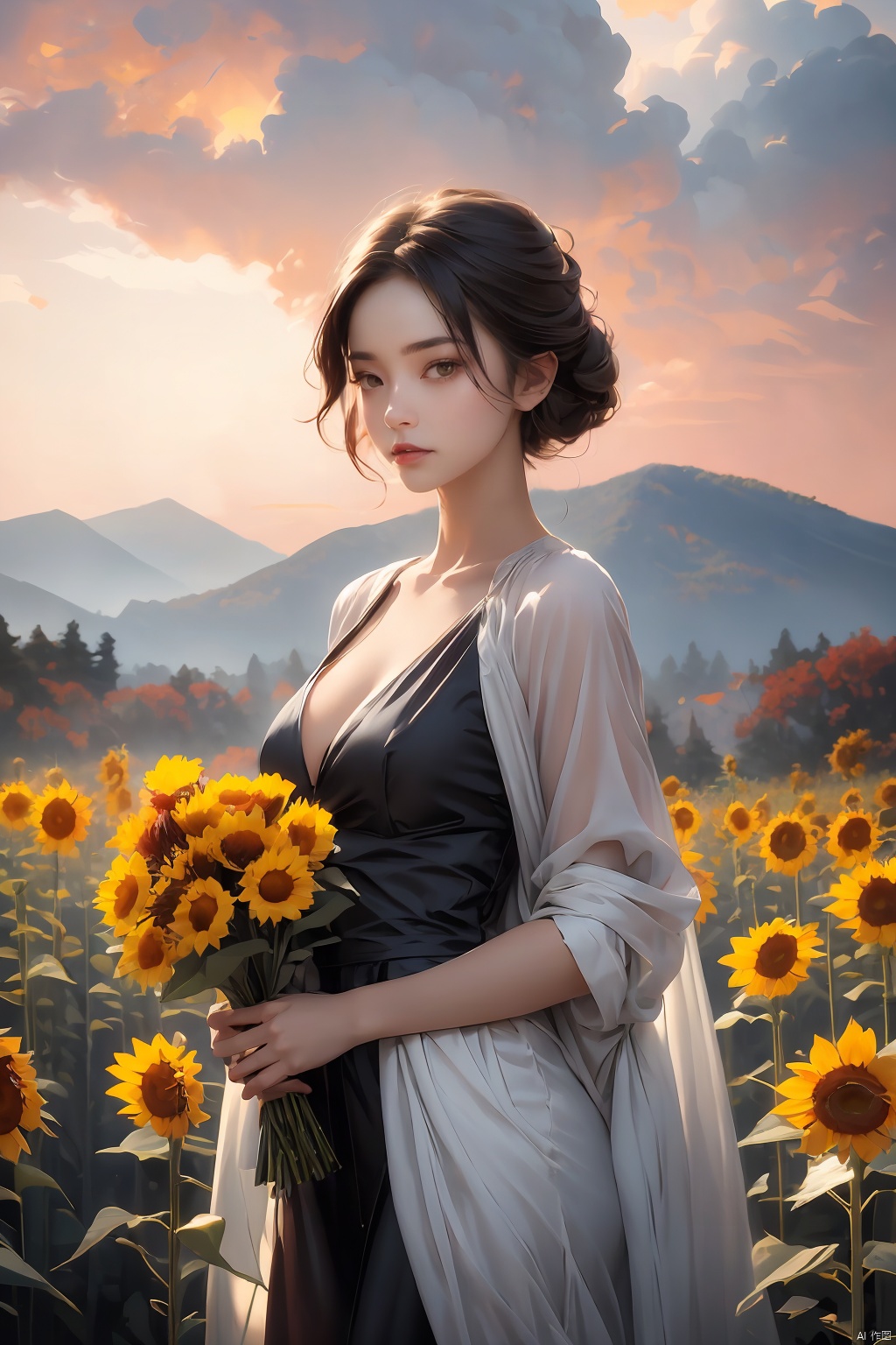  mugglelight,in autumn,dusk,Autumn dusk,a girl stands in the grass,holding a small bouquet of wilted sunflowers in her hand,solo,slender,cleavage,1girl,solo,,background light,moody lighting,looking_at_viewer,portrait,huge filesize,realistic,standing,front view,[gloom],