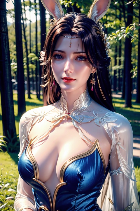  (8k, RAW photo, best quality, masterpiece:1.2),beautiful),1girl,portrait,long dress,,solo,,earrings,jewelry,closed mouth,huge breast,smile,collarbone,red lips,(white skin,fashion silk dress),outdoors,detached sleeves,perfect hand,,(skin glory),looking at viewer,rabbit ears, nd, mds, xw