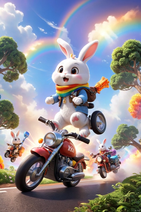  professional 3d model,anime artwork pixar,3d style,good shine,OC rendering,highly detailed,volumetric,dramatic lighting,furry,cute,(a bunny riding a motorcycle:1.1),rabbit,solo,(motor vehicle:1.2),riding,scarf,running on the rainbow,tree,extreme perspective,looking up at the camera,rainbow,fire spray,speed,humorous,beautiful colorful background,very beautiful,masterpiece,best quality,super detail,anime style,key visual,vibrant,studio anime