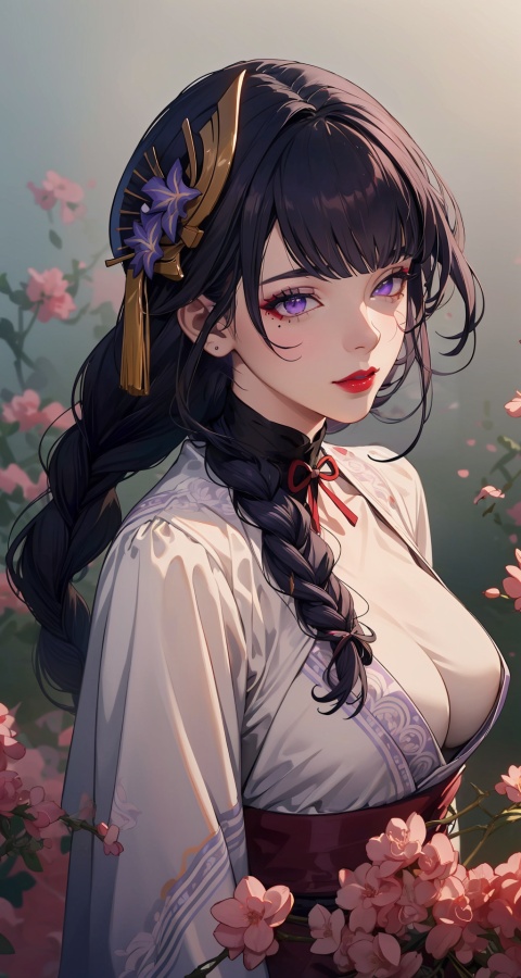  masterpiece, best quality, ultra-detailed, Potrait of beautiful MakimaCSM, volumetric lighting, best quality, masterpiece, intricate details, tonemapping, sharp focus, hyper detailed, trending on Artstation,mature women,blunt bangs, hair bow, hair ribbon, grey eyes, mole under eye, ponytail,boobs,raiden shogun,raiden shogun,</p><p>1girl, purple hair, long hair,braid,hair ornament,purple eyes,mole, sneer,oneechanbara,red eyes,humiliation,purple eyeshadow,red lipstick,lipstick mark,,from above,