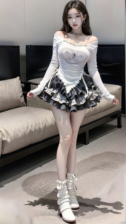  1girl,(huge breasts), long legs, necklace, earrings,looking_at_viewer,short skirt,qun zi