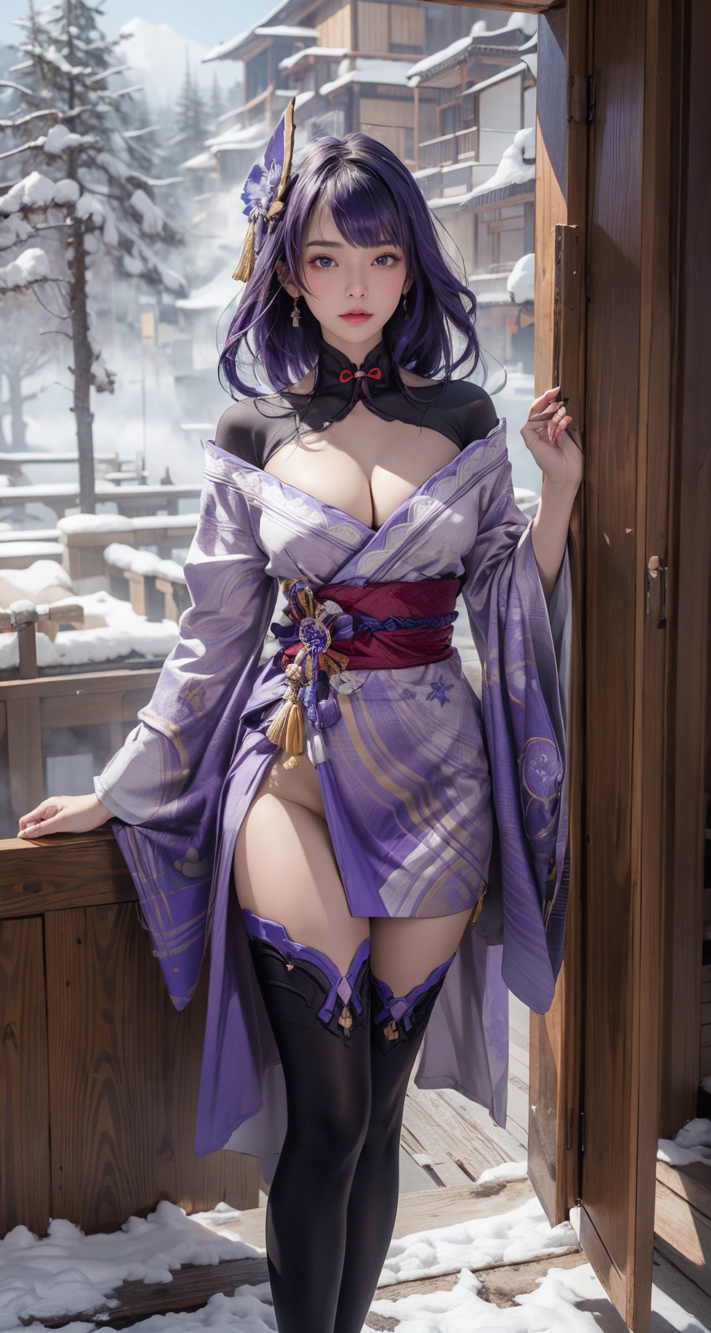  ((masterpiece, best quality, best shadow, official art, correct body proportions, Ultra High Definition Picture master composition)), (((best hands details))),
//////
1girl, raiden shogun, ((purple hair)), long hair, braid, hair ornament, (purple eyes), mole, cleavage, shoulder armor, (kimono), long sleeves, wide sleeves, sash, obi, tassel, tomoe\(symbol\), vision\(genshin impact\), (purple thighhighs), obijime, obiage, thighs,
//////
In winter, snow, eaves, (the breath of mist)
//////raiden shogun,