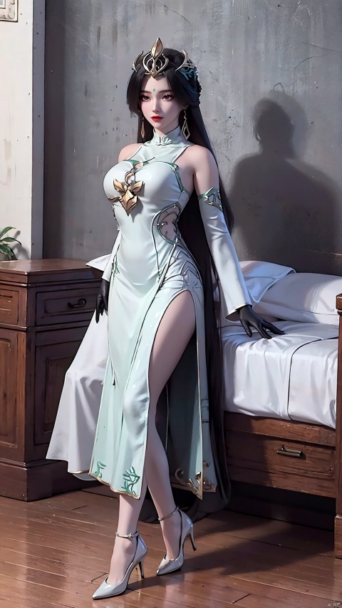  Wife, sexual intercourse, perfect body, cheongsam, black silk, exquisite details, ultra clear images, gloves, high heels, (long hair), (masterpiece, best quality), (structure),