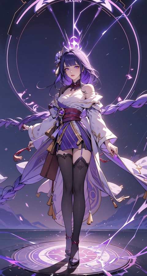  1girl,urple hair, purple eyes, glowing eyes, electricity,Silk stockings, jackets, lightning, Short skirt,Artifacts,purple magic, aura, full body,magic circle, braids,very long hair,hair flowe,Off shoulder, Cyber PKtarry sky ,