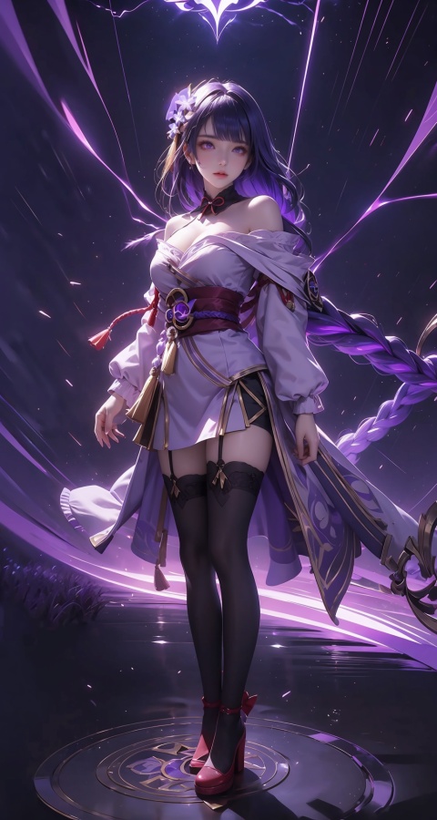  1girl,urple hair, purple eyes, glowing eyes, electricity,Silk stockings, jackets, lightning, Short skirt,Artifacts,purple magic, aura, full body,magic circle, braids,very long hair,hair flowe,Off shoulder, Cyber PKtarry sky ,