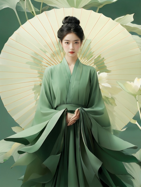 RAW photo, detailed face, ++, f22, beautiful symmetrical face, cute natural makeup, elegant, feminine, highly detailed, a 1girl, (full body:0.8)pose with parasols like a huge lotus leaf, ((huge lotus leaf))in the style of light emerald, oriental minimalism, subtle elegance, hd mod, in the style of elegant clothing, light green, realistic yet ethereal, simplistic designs, oriental, whimsical shapes, serene harmony beautiful symmetrical face, elegant, feminine, highly detailed, intricate,best quality, ultra-detailed, masterpiece, hires, 8k,(photorealistic),transparent,