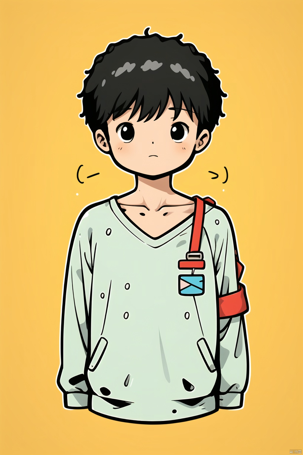  ((masterpiece, best quality)),sd mai, flat illustration,((1boy)),looking_at_viewer,simple_background,sportswear, closed_mouth,collarbone,upper_body,clothes_pull,outline,pulled_by_self,strap_pull,solo,, sd mai