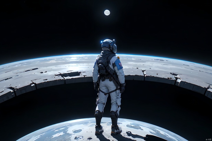  masterpiece, best quality, depth of field, full body, 1boy, solo, (very wide shot:1.6), (from behind:1.2), spacesuit,((Helmet, Aerospace suit ))  cargo pants , moon, earth, satellite, reflection, futuristic sci-fi style, fantasy style, from below, (fisheye), (1boy) was wearing a spacesuit, standing on the (moon), feeling the low gravity and (silence). In front of her was a (gray-white soil) and (craters), behind her was a huge black (satellite). She turned around and saw the distant (earth), that blue-green (planet), sparkling with clouds and light. he wondered if people on earth could see her, if they knew she was here. he felt both lonely and free, both insignificant and great., MG_jixie, Arso