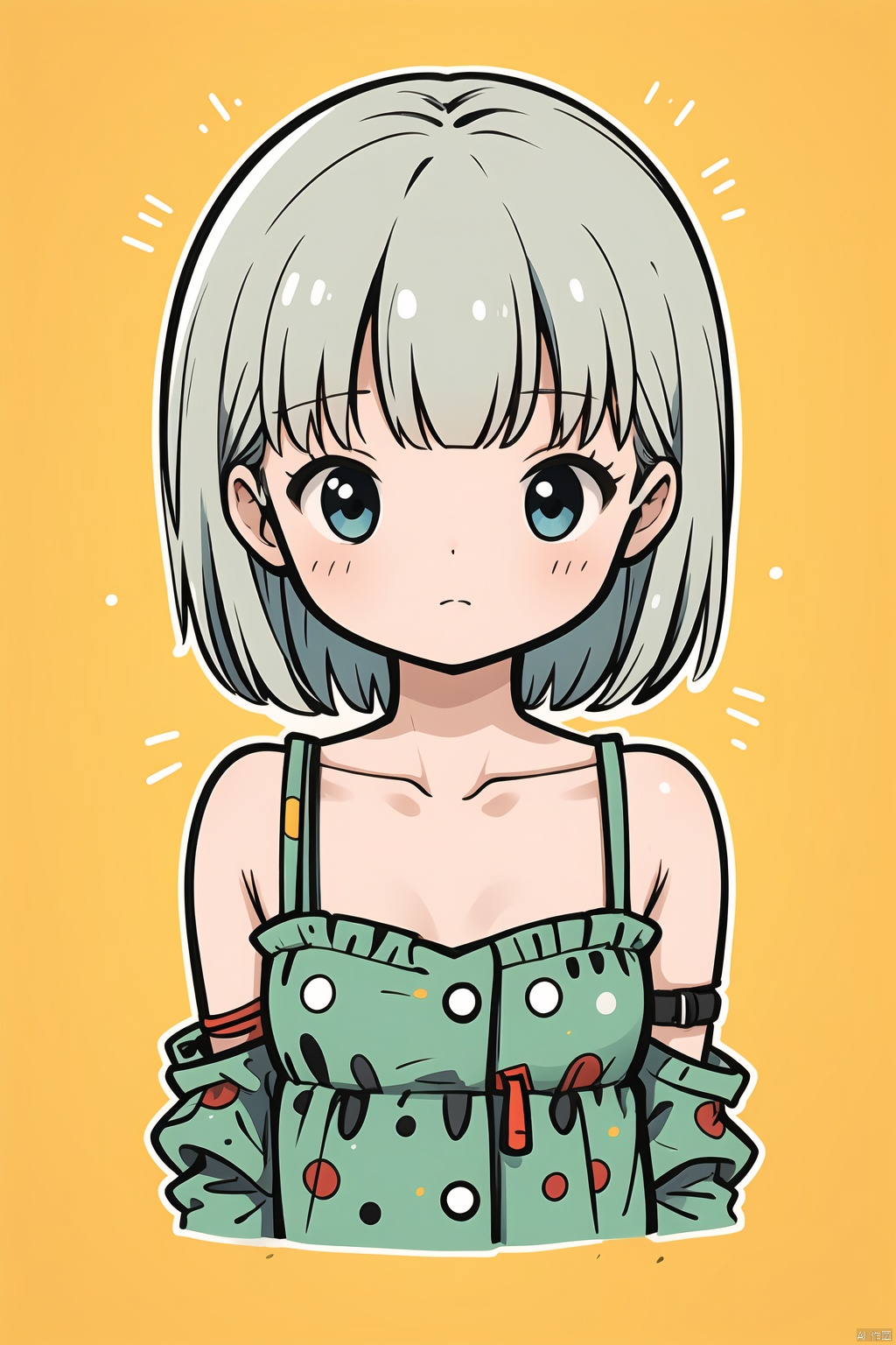  ((masterpiece, best quality)),sd mai, flat illustration,1girl,looking_at_viewer,simple_background,bare_shoulders,closed_mouth,collarbone,upper_body,clothes_pull,outline,pulled_by_self,strap_pull,solo,, sd mai