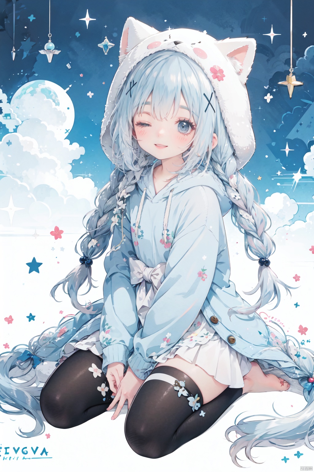  1girl, kafuu chino, solo, long hair, one eye closed, twin braids, braid, hood, hair ornament, x hair ornament, blush, pom pom \(clothes\), blue eyes, animal hood, loungewear, sitting, looking at viewer, blue hair, toeless legwear, tail, open mouth, hairclip, hoodie, seiza, ;o