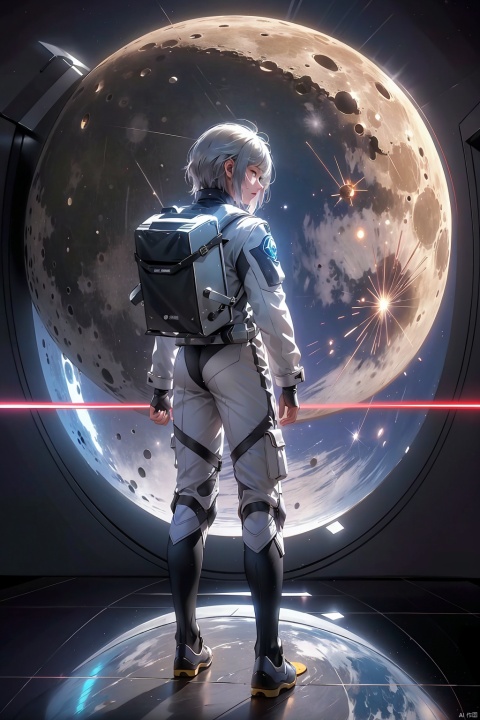 masterpiece,best quality,depth of field,full body,1boy,solo,(very wide shot:1.6),(from behind:1.2),spacesuit,cargo pants ,moon,earth,satellite,reflection,futuristic sci-fi style, fantasy style, from below, (fisheye), (1boy) was wearing a spacesuit, standing on the (moon), feeling the low gravity and (silence). In front of her was a (gray-white soil) and (craters), behind her was a huge black (satellite). She turned around and saw the distant (earth), that blue-green (planet), sparkling with clouds and light. he wondered if people on earth could see her, if they knew she was here. he felt both lonely and free, both insignificant and great.
