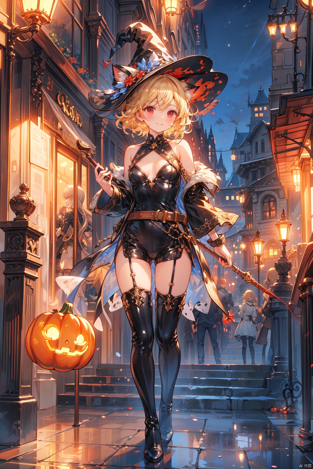  (((Masterpiece))),((Best Quality))),highres,absurdres,1gril,Catwoman,solo,full body,standing,looking at viewer,(cat ears:1.2),short hair,(blonde hair:1.3), parted bangs, hair down, blush, smirk, red eyes, small breasts,(whip:1.3),(Hand in hand with a leather whip:1.2),bodysuit,high heels, (thigh boots:1.3),belt,(black bodysuit:1.25), shiny clothes,night,night view,(outdoors,city,streets:1.2), patent leather dress,holding pumpkin,witch hat,seduce,seductive smile,
