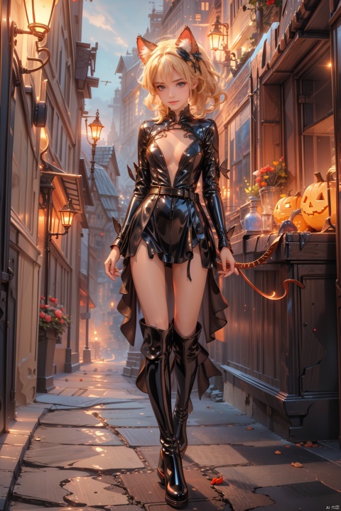  (((Masterpiece))),((Best Quality))),highres,absurdres,1gril,Catwoman,solo,full body,standing,looking at viewer,(cat ears:1.2),short hair,(blonde hair:1.3), parted bangs, hair down, blush, smirk, red eyes, small breasts,(whip:1.3),(Hand in hand with a leather whip:1.2),bodysuit,high heels, (thigh boots:1.3),belt,(black bodysuit:1.25), shiny clothes,night,night view,(outdoors,city,streets:1.2), patent leather dress,holding pumpkin,witch hat,seduce,seductive smile,
